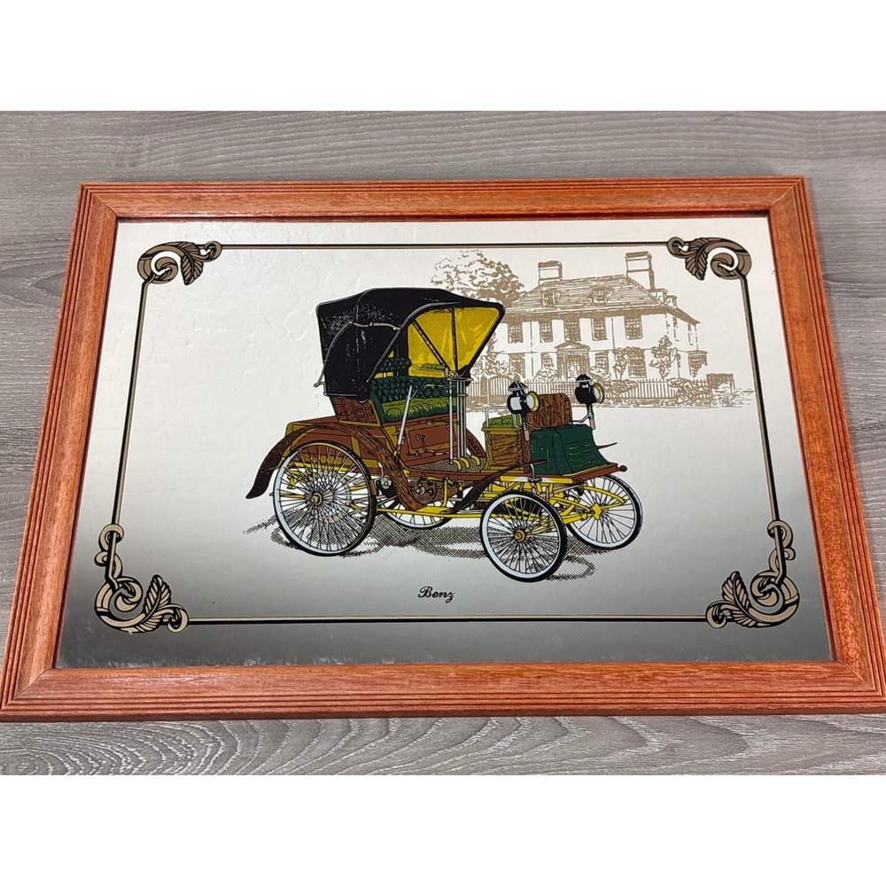 Vintage Benz Horseless Carriage Framed Bar Mirror Classic Car Wall Decor 16x12
